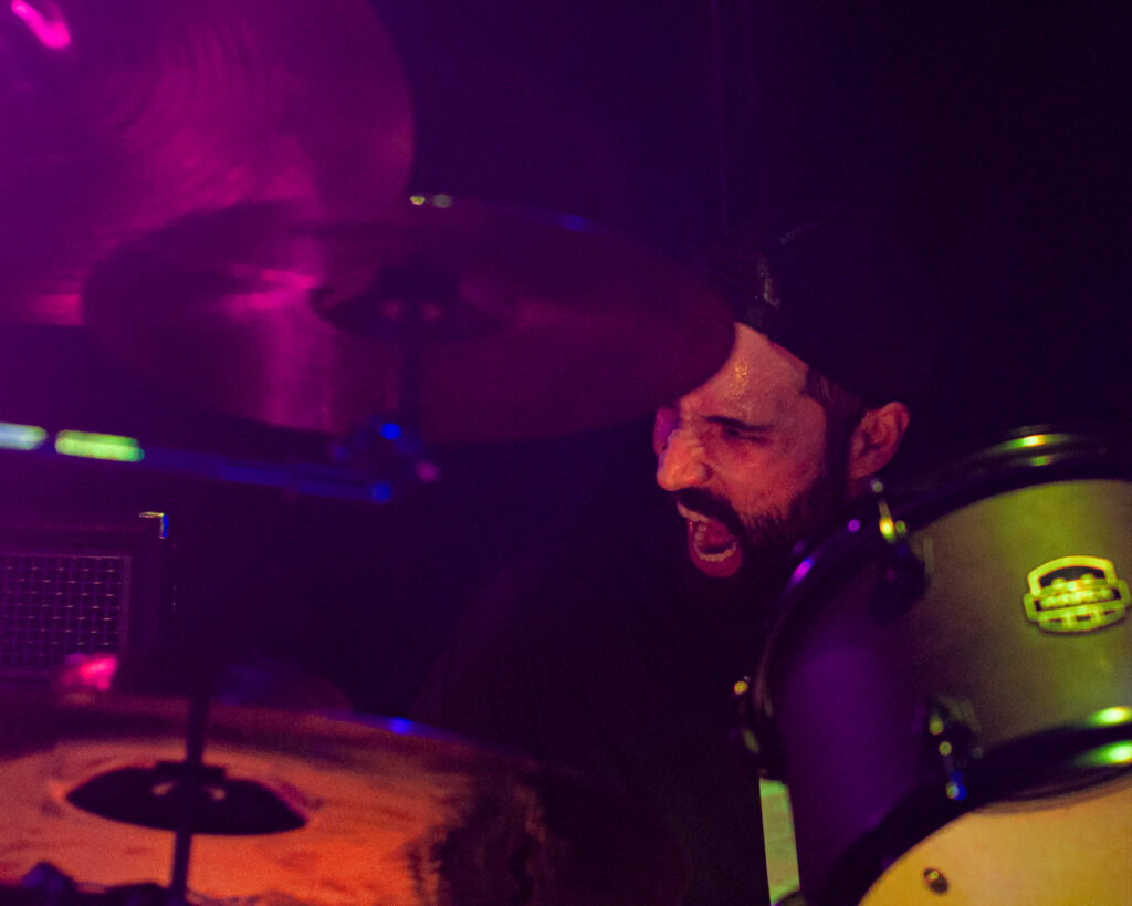 concert photography of metal band Nightmare Empire drummer at The Vortex in Arkon