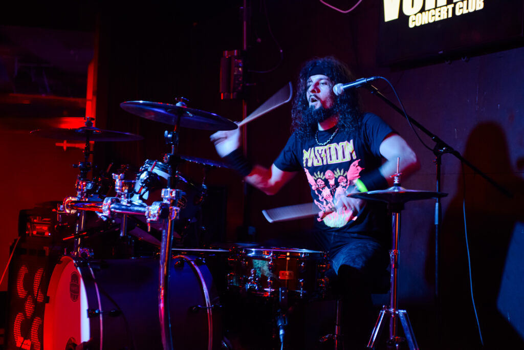 concert photography of metal band drummer at The Vortex in Arkon