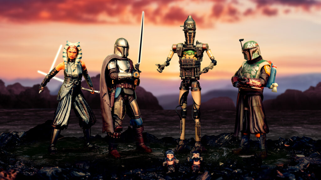 product photography for star wars black series action figures featuring ahsoka, mandalorian, grogu, and boba fett